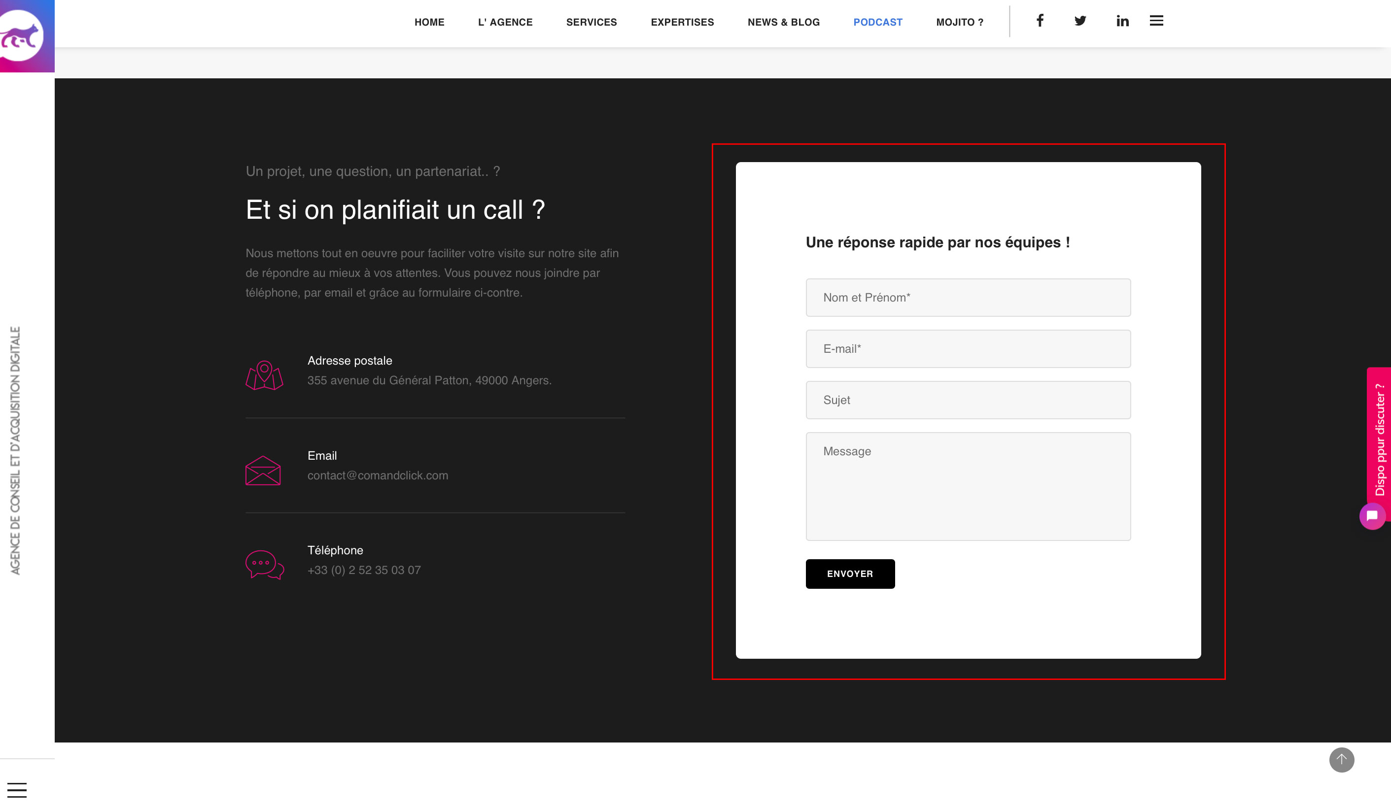 Call to Action en bas de page sur le site de Com&Click.