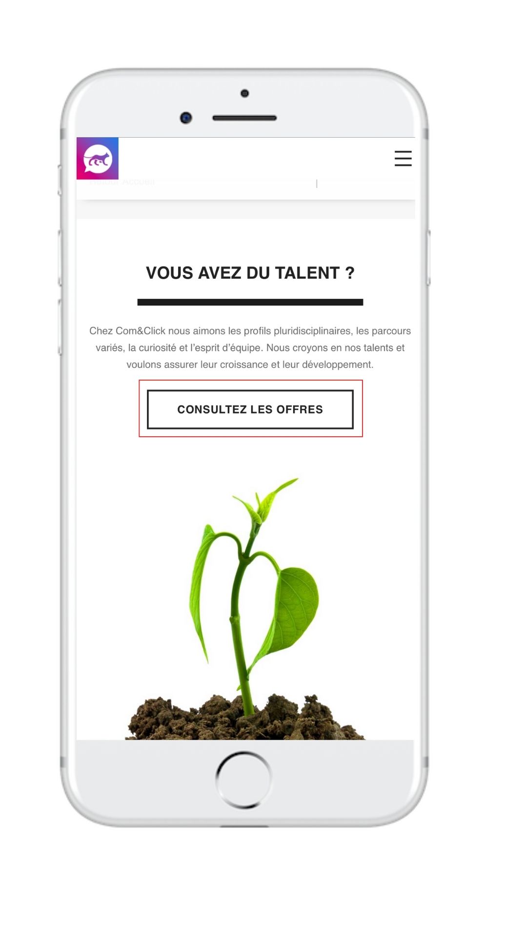 Call to Action sur le site internet de Com and Click via un mobile.